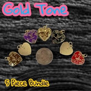Lot of 5 Monogram LV Heart Gold Tone Zipper Pull Button Pendant Charms